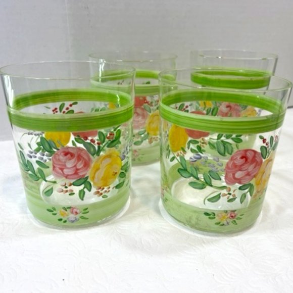 VTG Hand Painted Wide Rim Floral Drink Glasses Double Old Fashion 16oz SET OF 4 - Picture 2 of 15